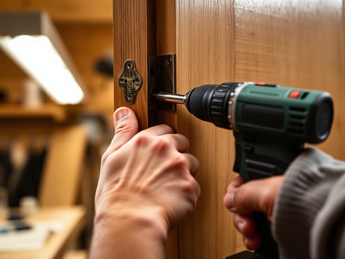 Handyman fitting a door hinge with a drill